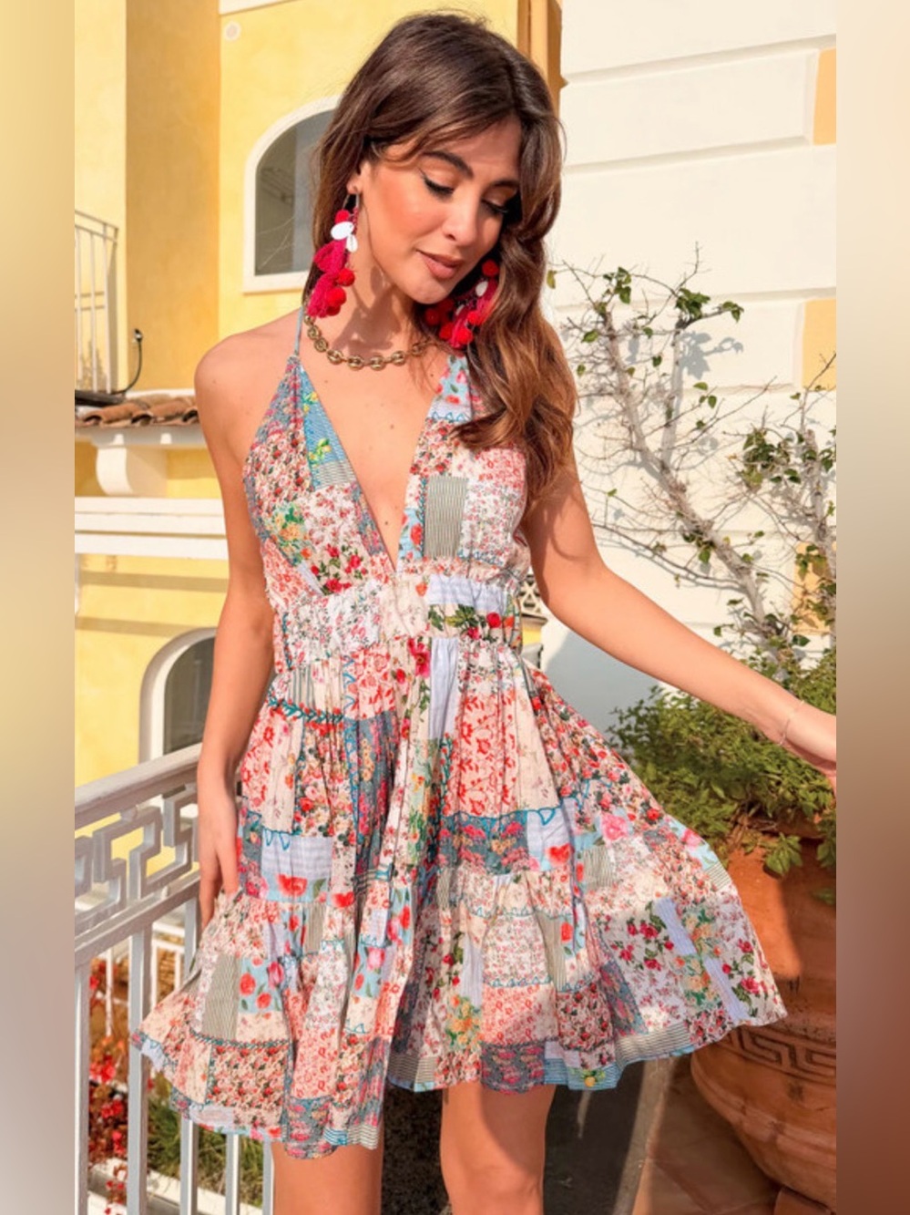 Antica Sartoria Multicolored Italian Floral Patchwork Halter Mini Dress